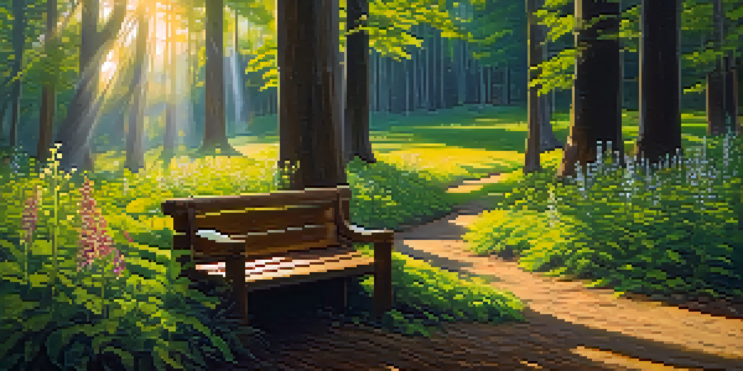 A peaceful forest with sunlight filtering through the trees, highlighting a wooden bench surrounded by wildflowers.