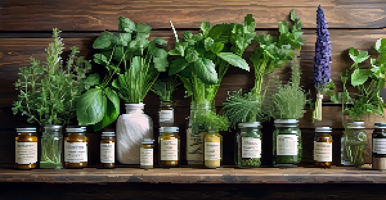 An artistic arrangement of various herbs on a wooden table, each labeled with its name, bathed in soft natural light.