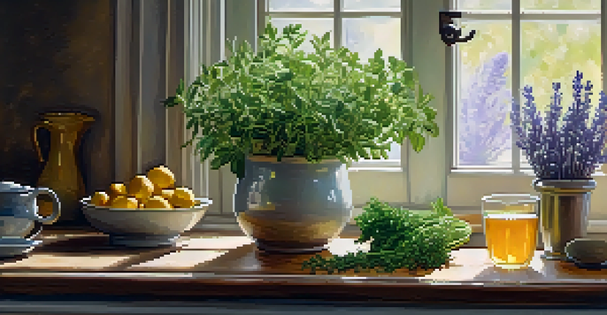 A cozy kitchen table with fresh herbs, a cup of chamomile tea, and a vase of lavender, illuminated by natural light.