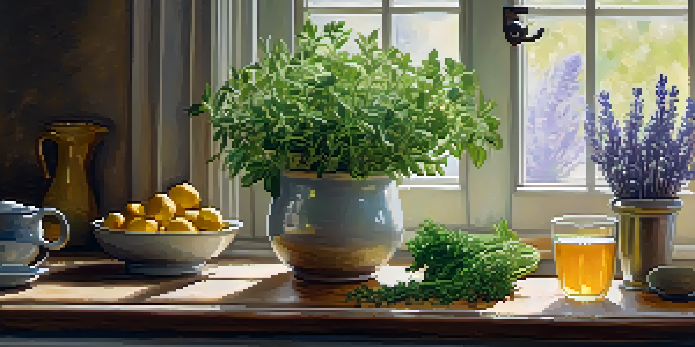 A cozy kitchen table with fresh herbs, a cup of chamomile tea, and a vase of lavender, illuminated by natural light.