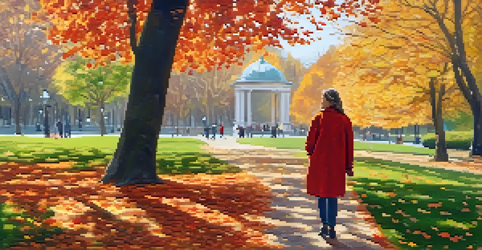 A person walking in an autumn park, surrounded by colorful leaves and trees.