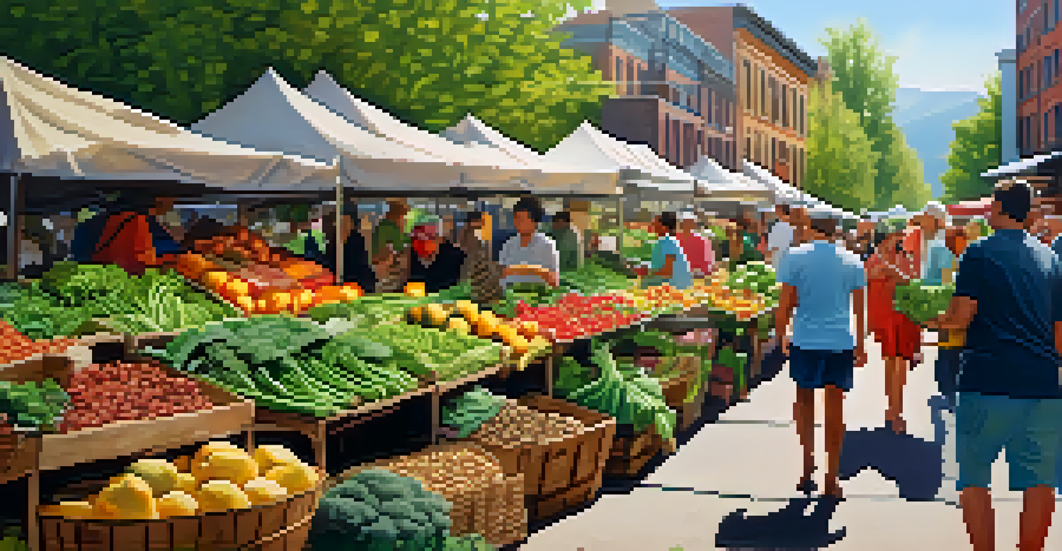 A vibrant outdoor market filled with fresh fruits and vegetables, with people interacting.