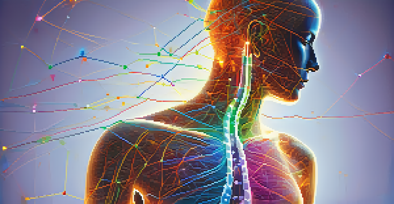 Illustration of a human body with highlighted acupuncture points, showing energy flow with vibrant colors on a gradient background.