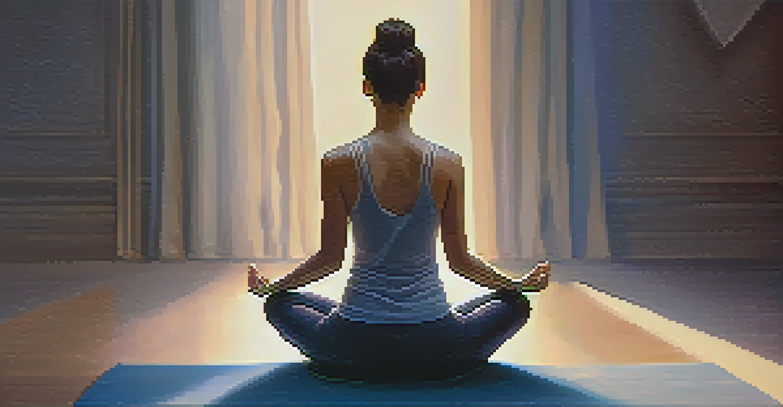 A close-up of a person meditating on a yoga mat, with a serene expression and soft blurred lights in the background.