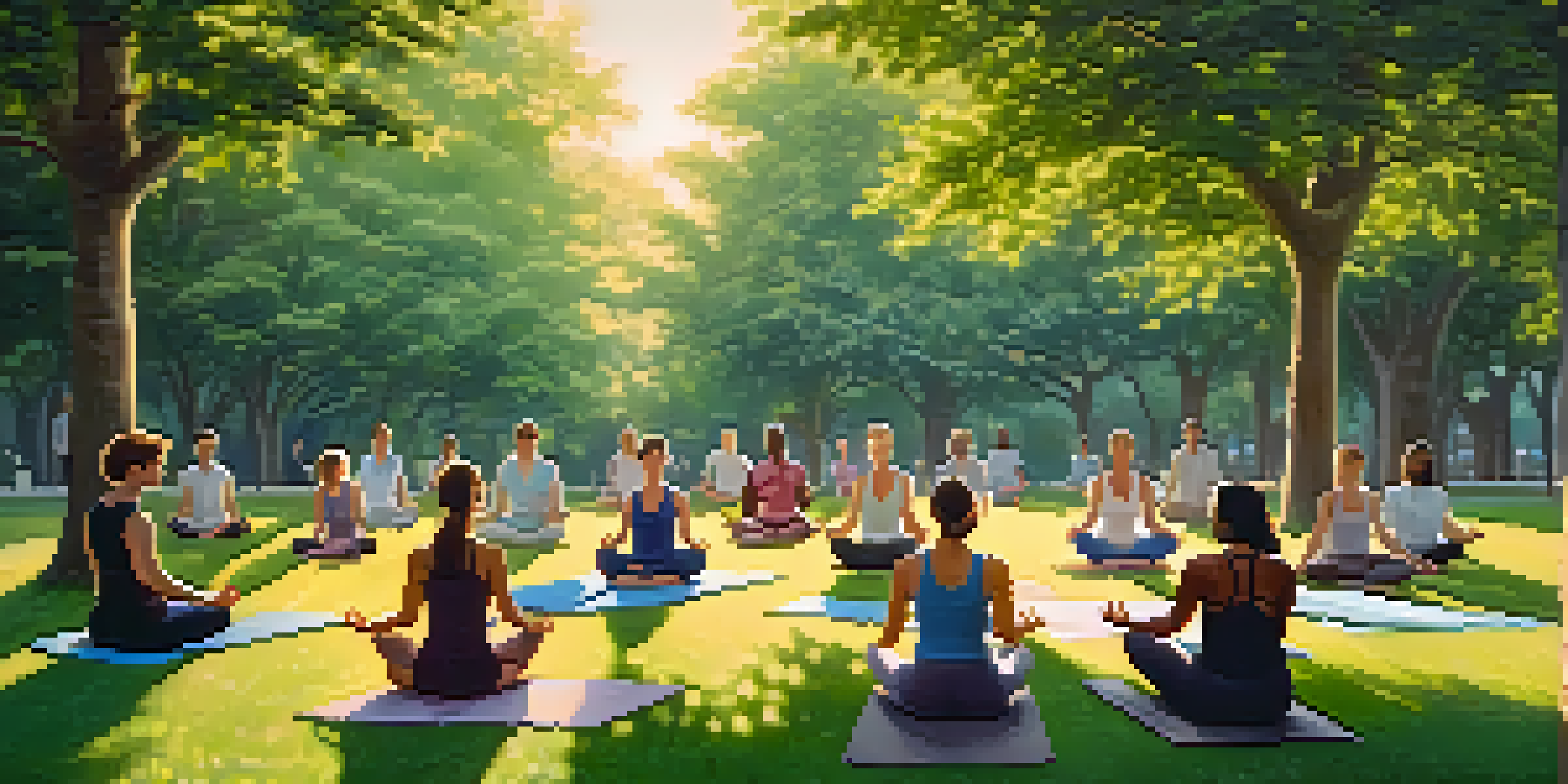 A diverse group of people practicing yoga in a green park at sunrise, with blooming flowers and tall trees in the background.