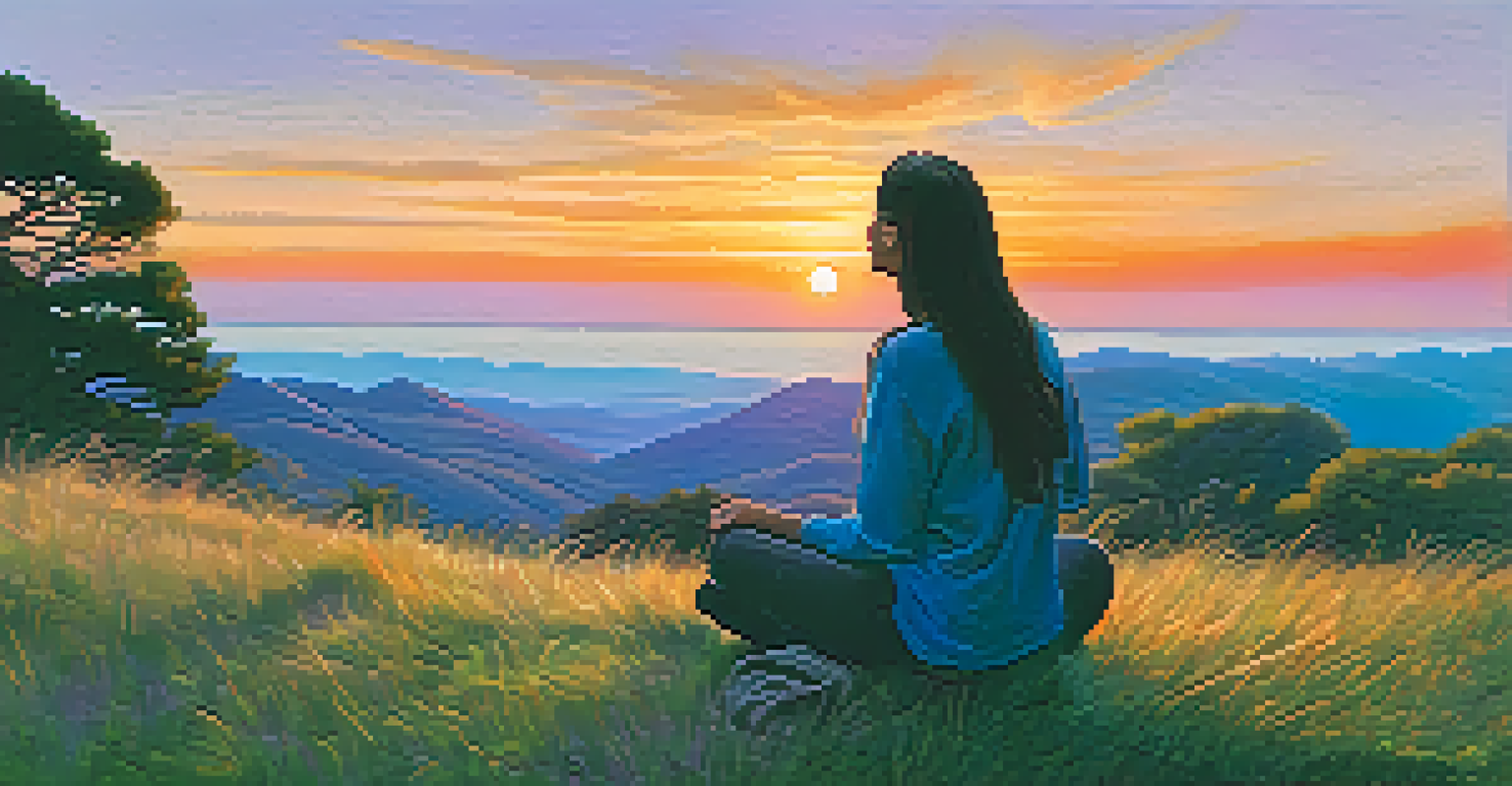 A person practicing alternate nostril breathing on a hilltop during sunset with a colorful sky and nature in the background.