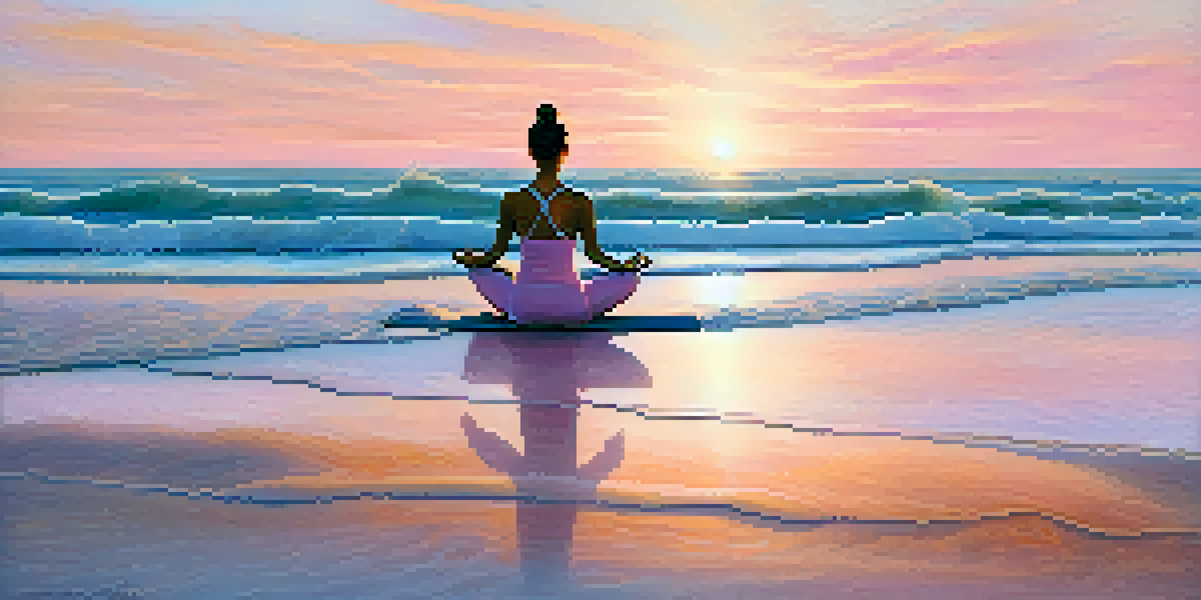A person doing yoga on a beach during sunrise, with a colorful sky and calm water.