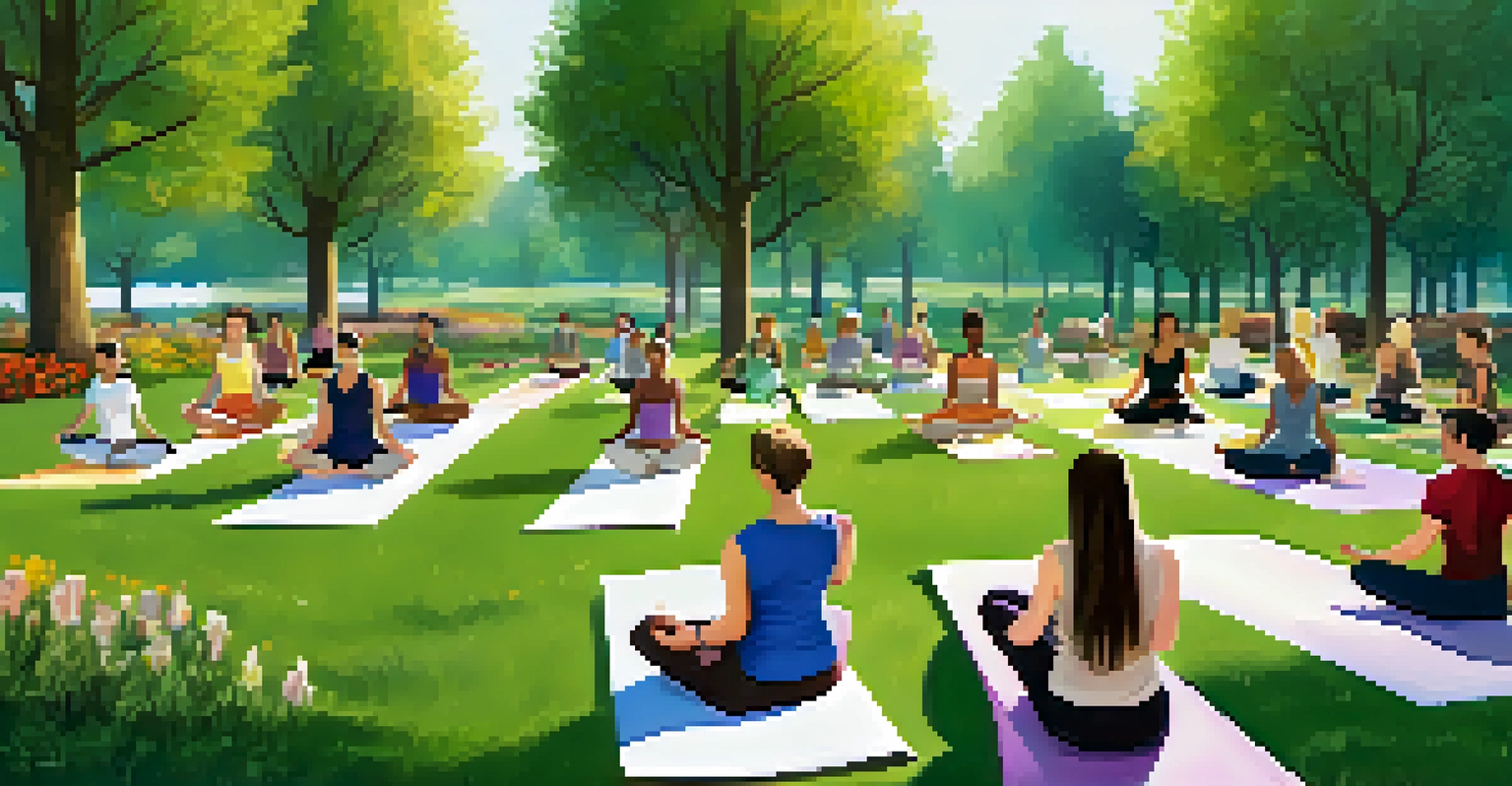 A diverse group of people practicing yoga in a sunny park, using digital devices for wellness tracking.