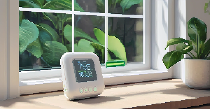 A smart sensor device showing health metrics against a backdrop of greenery and natural light.