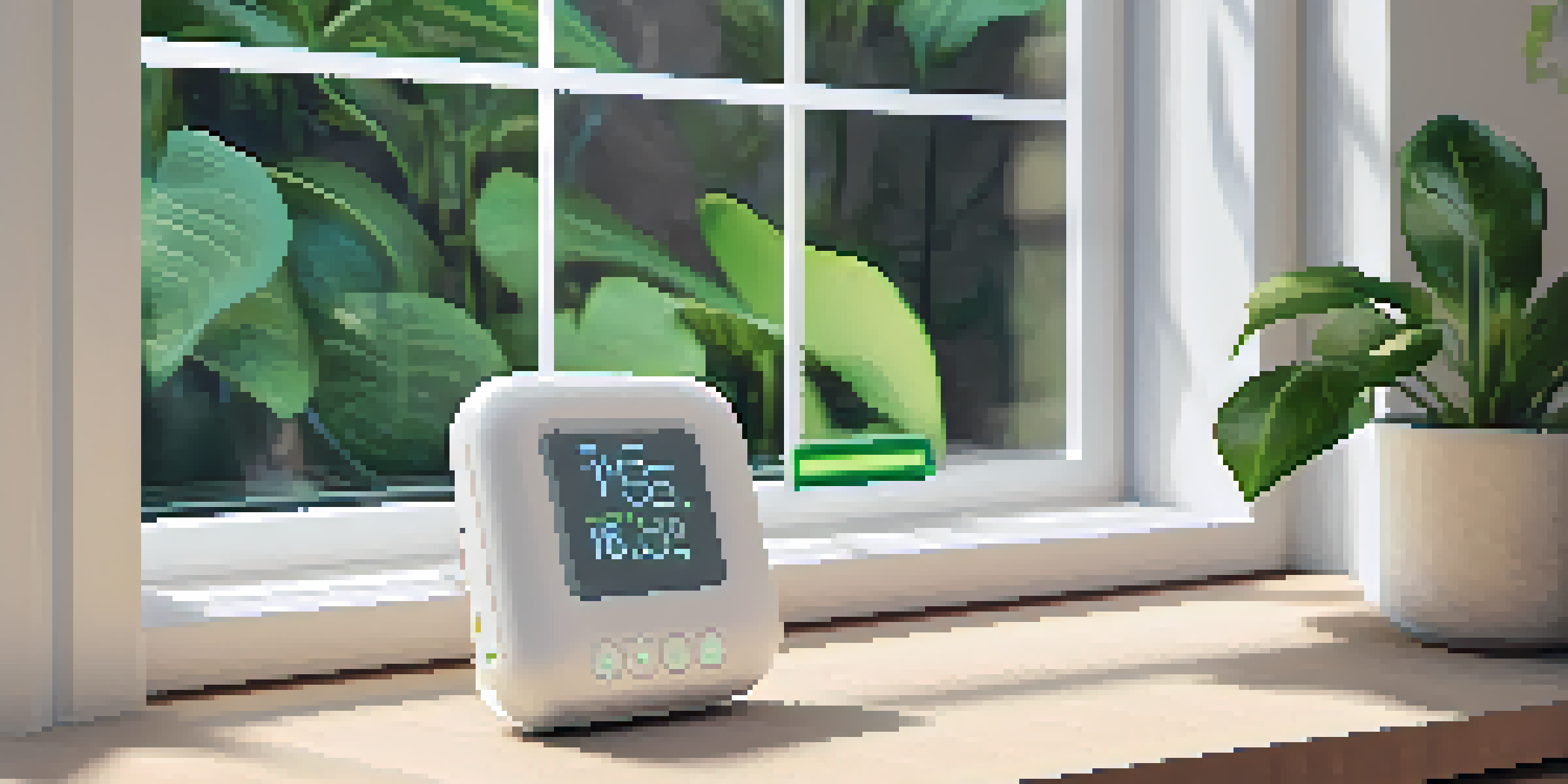 A smart sensor device showing health metrics against a backdrop of greenery and natural light.