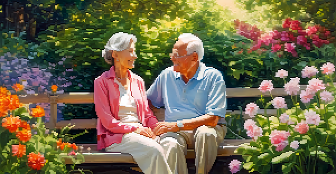 An elderly couple enjoying a sunny day in a vibrant garden, holding hands and smiling at each other.
