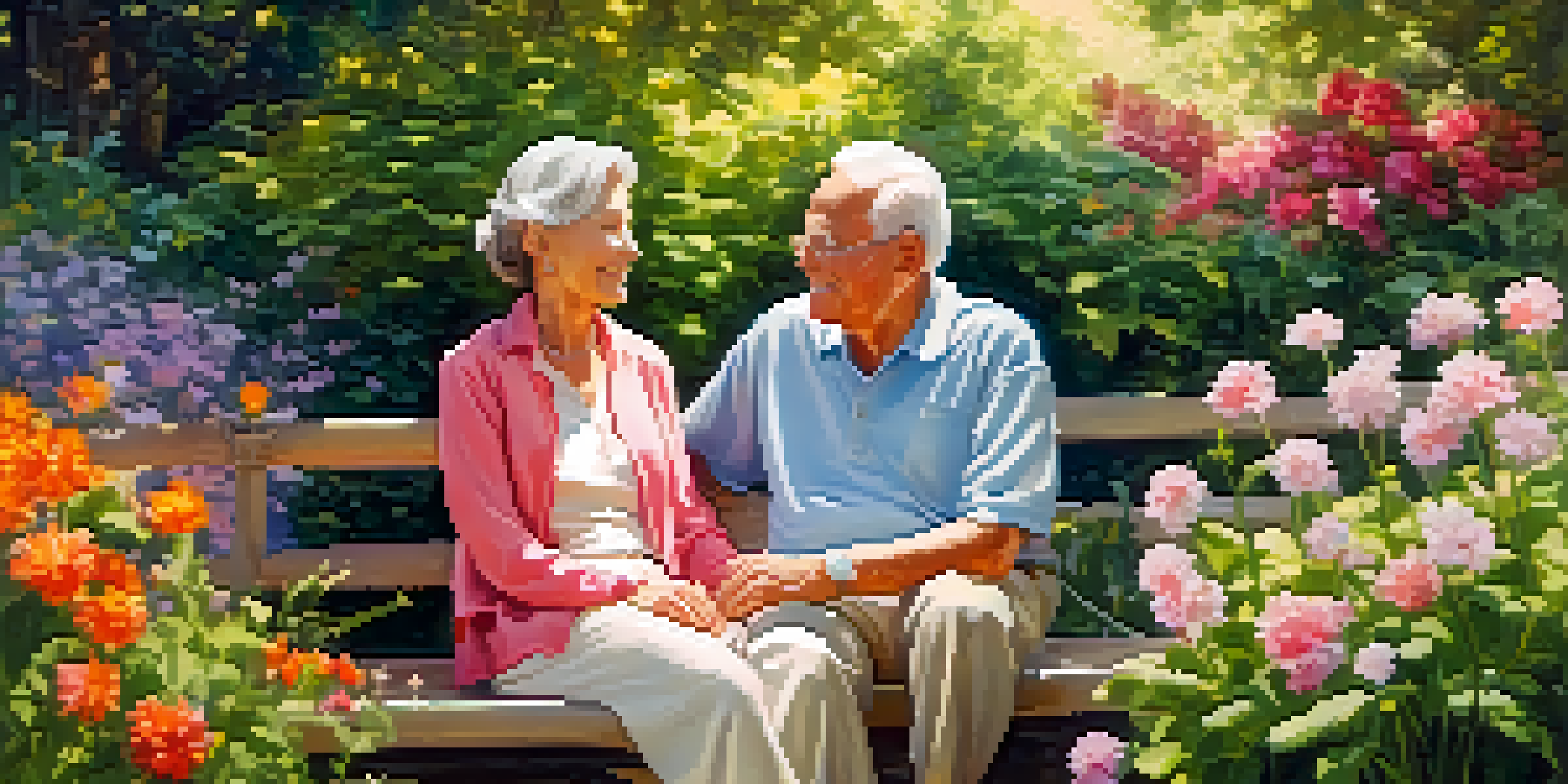 An elderly couple enjoying a sunny day in a vibrant garden, holding hands and smiling at each other.