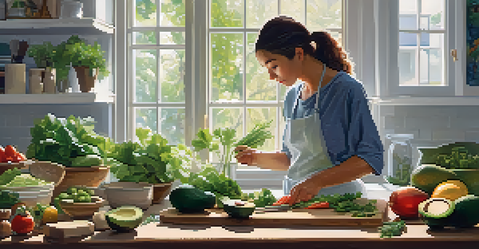 A person chopping vegetables in a bright kitchen, surrounded by fresh ingredients for a healthy meal.