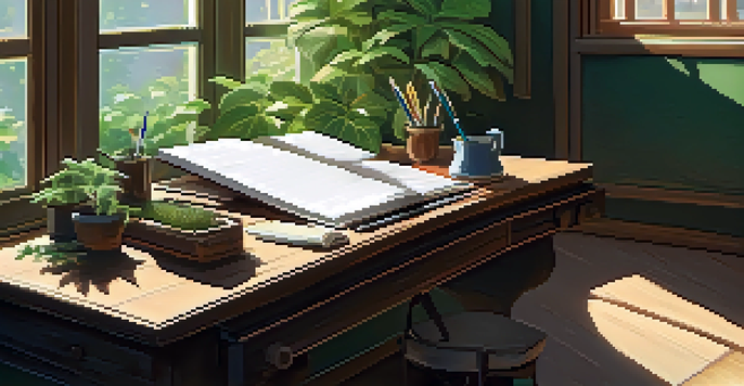 A cozy writing space featuring a wooden desk with an open journal and a fountain pen, illuminated by soft morning light and surrounded by green plants.