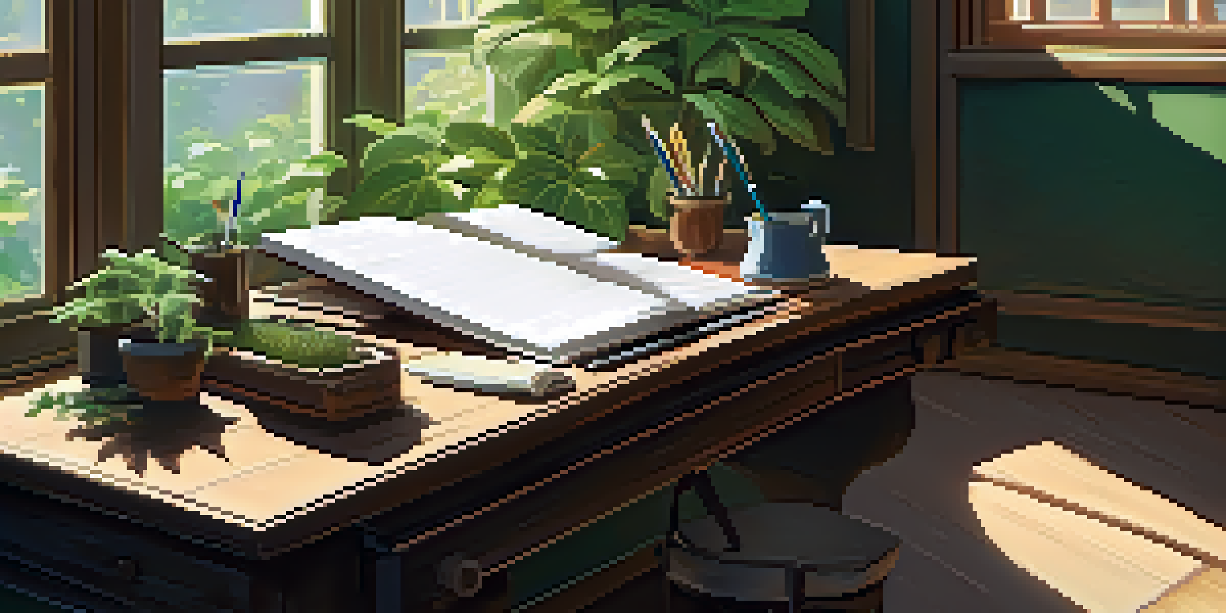 A cozy writing space featuring a wooden desk with an open journal and a fountain pen, illuminated by soft morning light and surrounded by green plants.