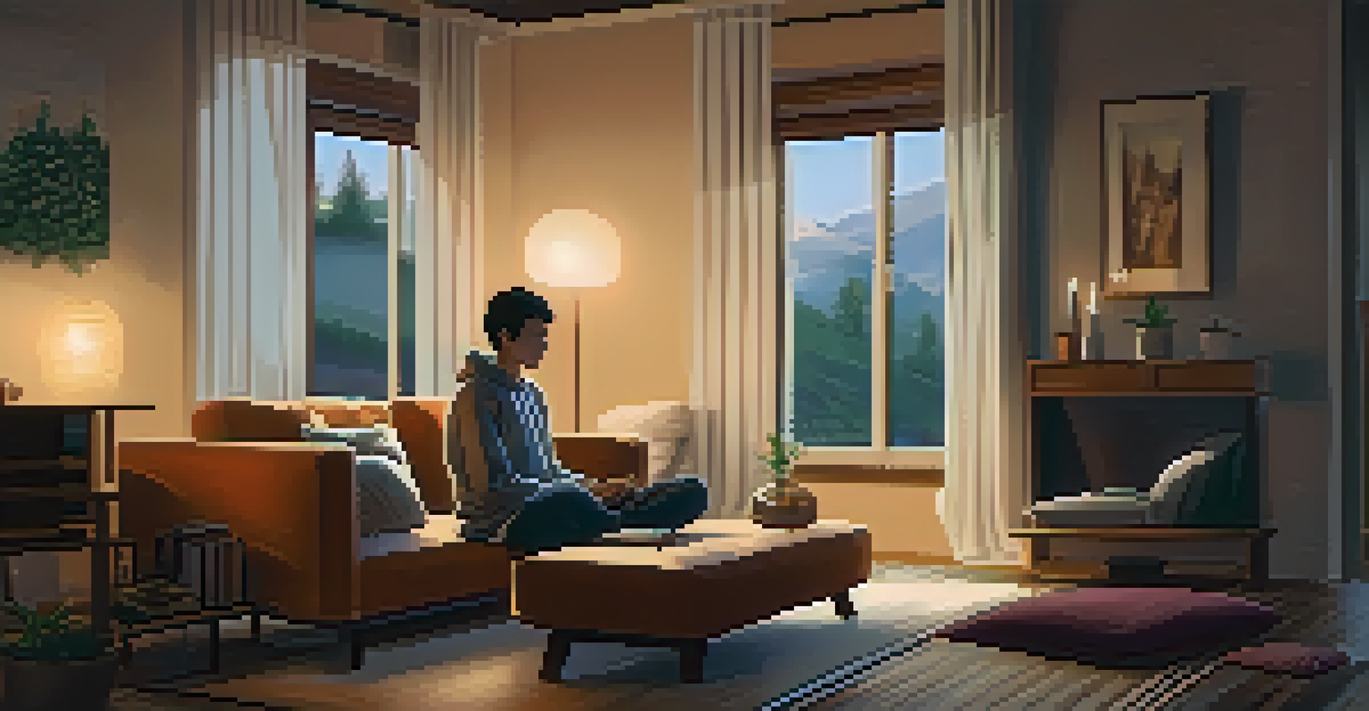 A person meditating in a cozy living room, surrounded by soft furnishings and a calming ambiance.