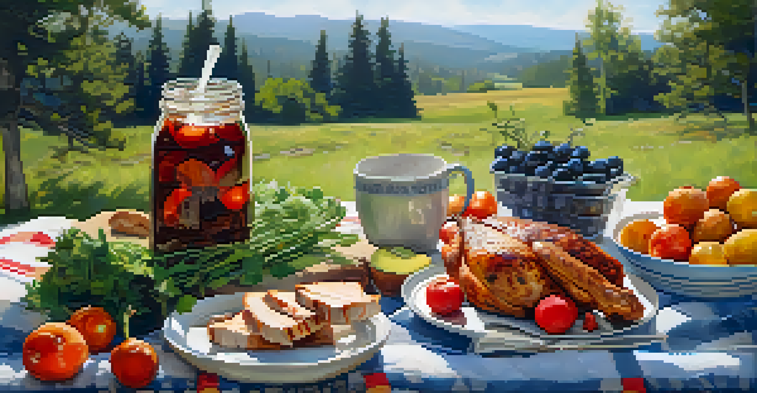A picnic blanket spread with grilled chicken, roasted vegetables, and fruits, accompanied by herbal tea in a sunny outdoor setting.