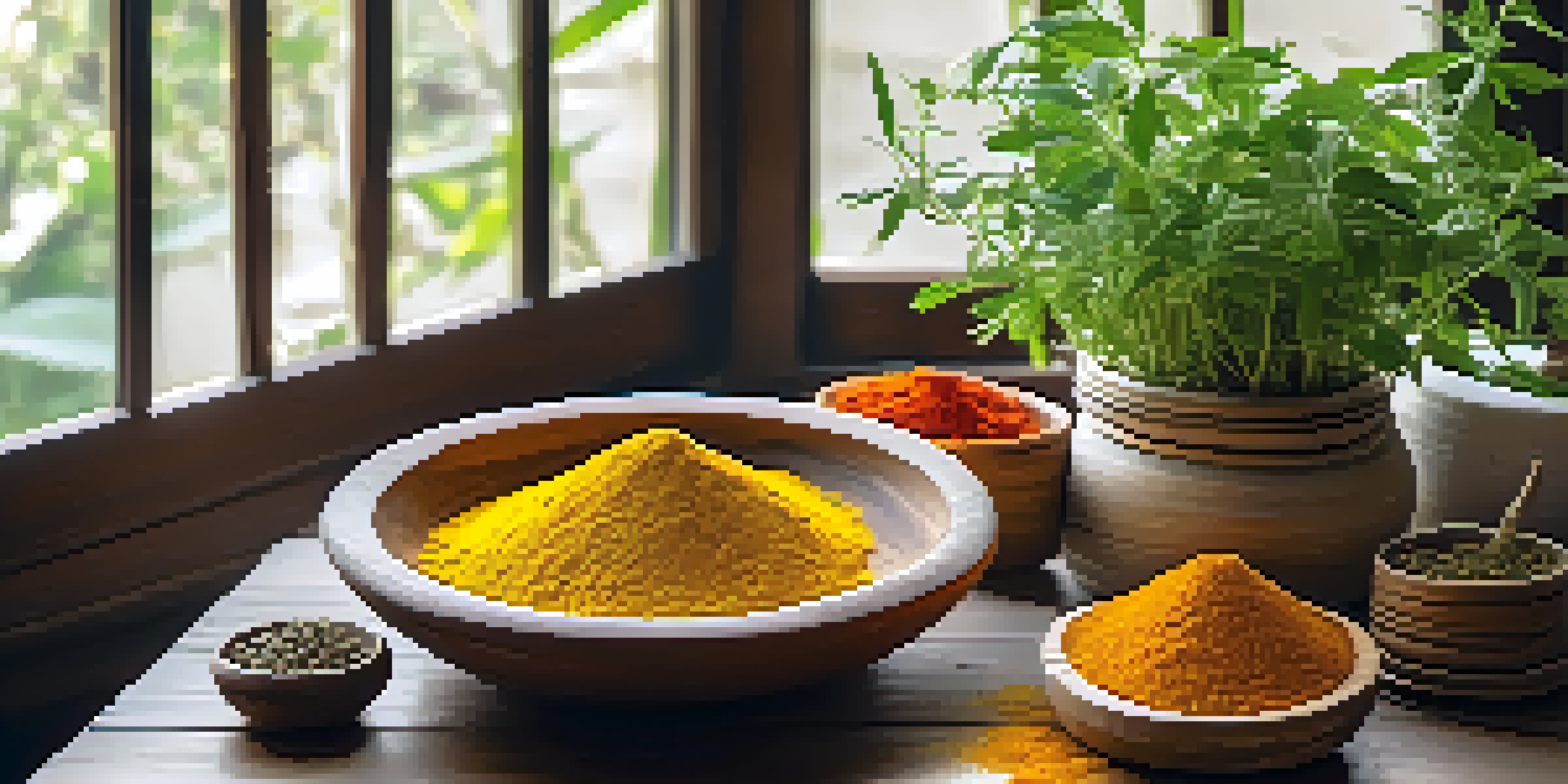 A wooden table filled with fresh herbs and spices, with natural light creating a serene and tranquil ambiance.