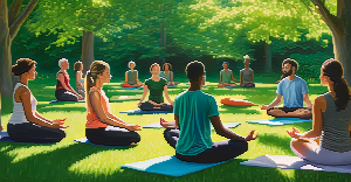 A diverse group of individuals practicing mindfulness and meditation in a green park, surrounded by trees and sunlight.