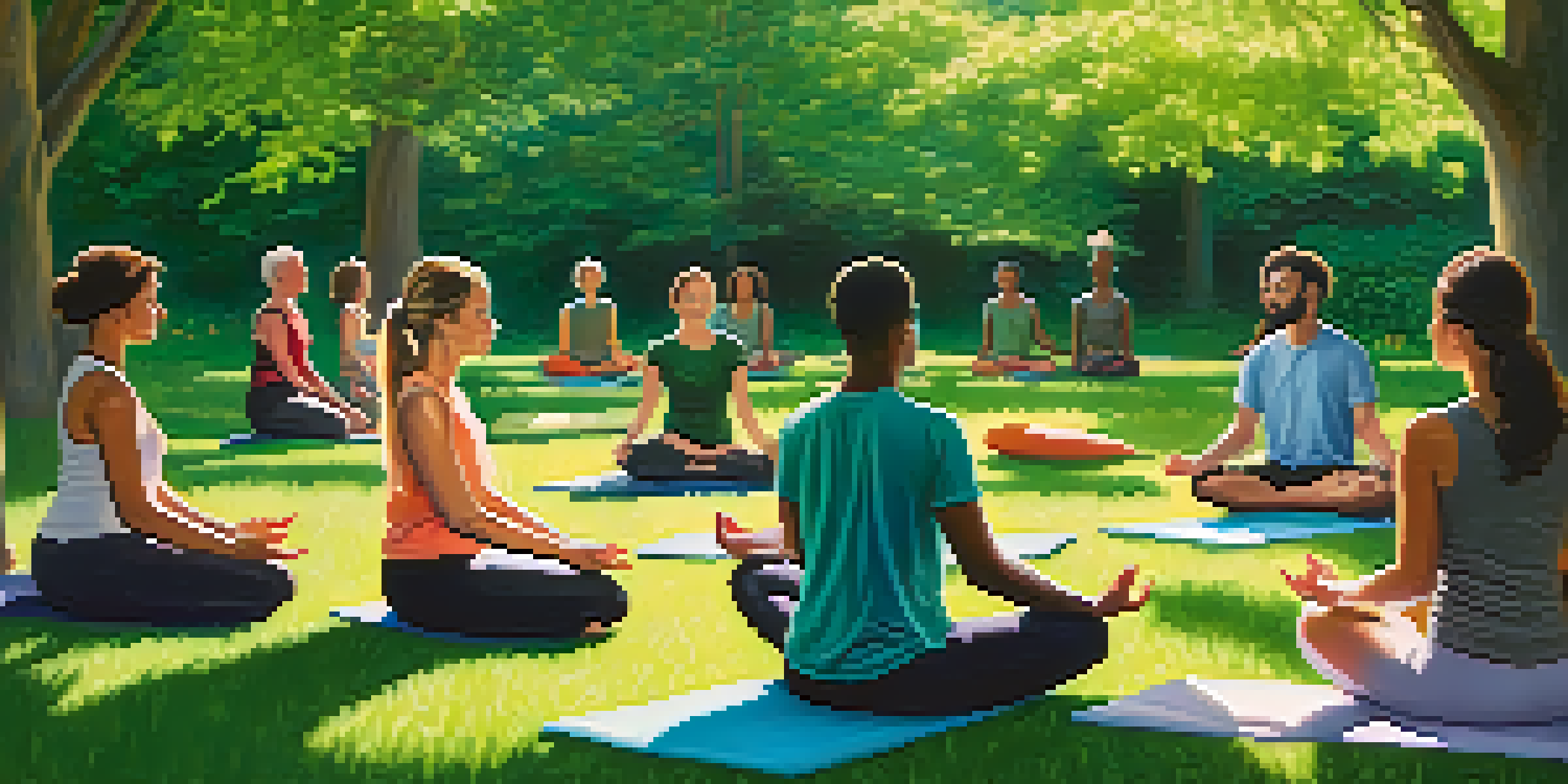 A diverse group of individuals practicing mindfulness and meditation in a green park, surrounded by trees and sunlight.
