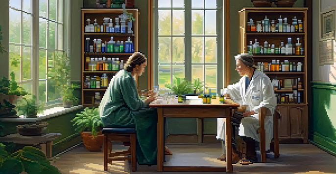 A peaceful homeopathic consultation room with a practitioner and patient discussing remedies, surrounded by plants and natural light.