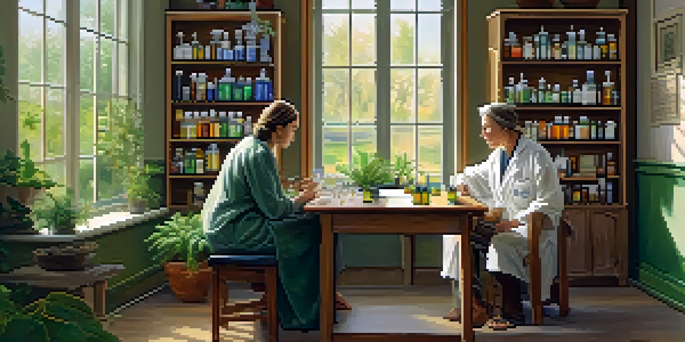 A peaceful homeopathic consultation room with a practitioner and patient discussing remedies, surrounded by plants and natural light.