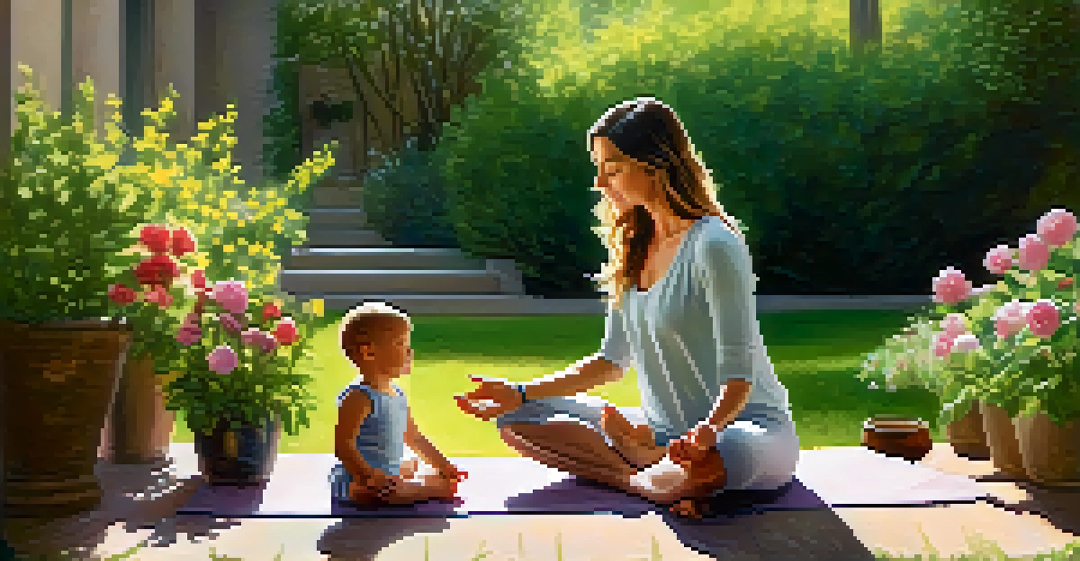 A new mother practicing gentle yoga in a sunlit garden, surrounded by flowers and greenery.