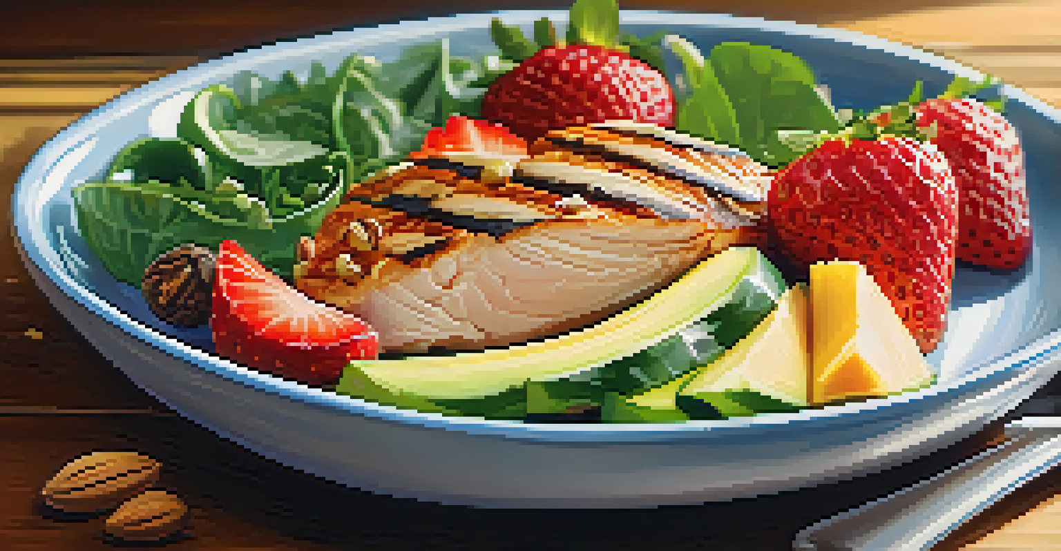 A vibrant plate of nutritious food including fruits, vegetables, and lean proteins arranged artfully.