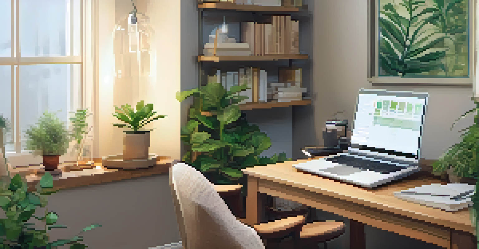A cozy home office showcasing a laptop with a telemedicine consultation, surrounded by plants and herbal books.