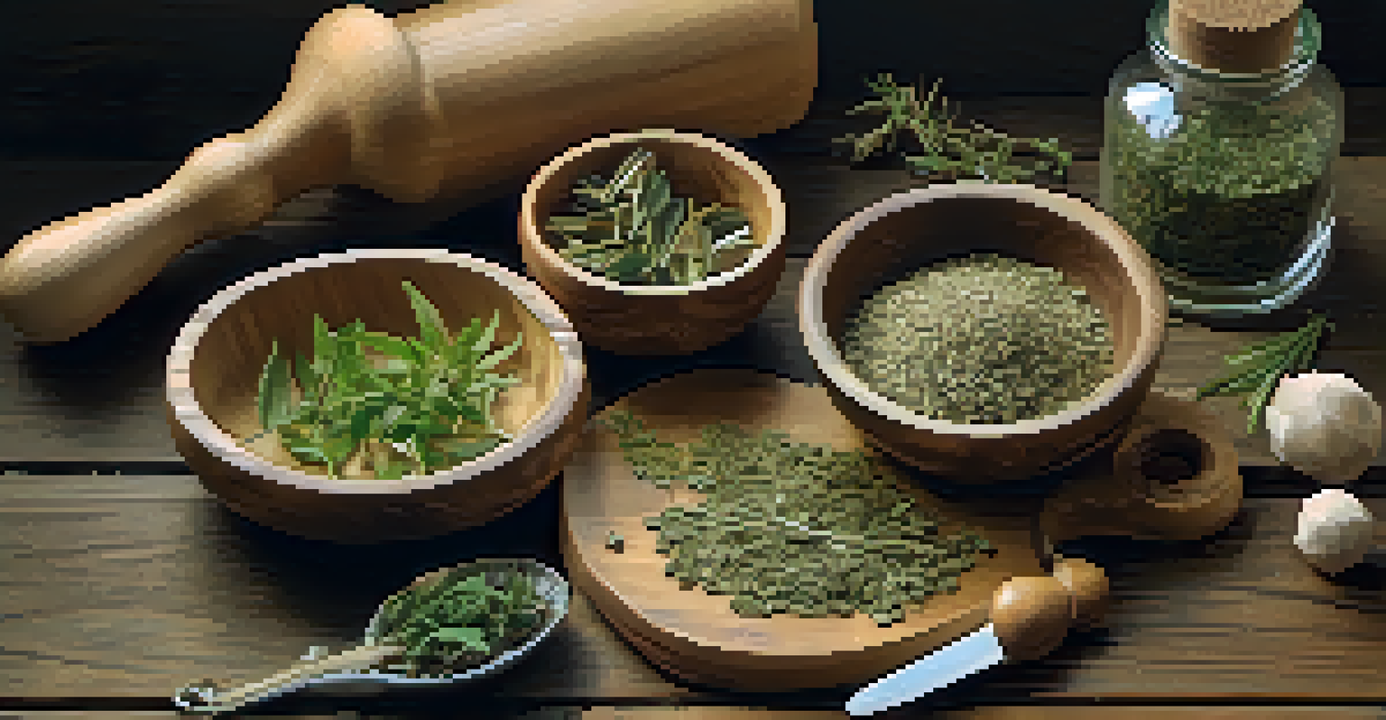Close-up of hands preparing herbal remedies with dried herbs and a mortar and pestle.