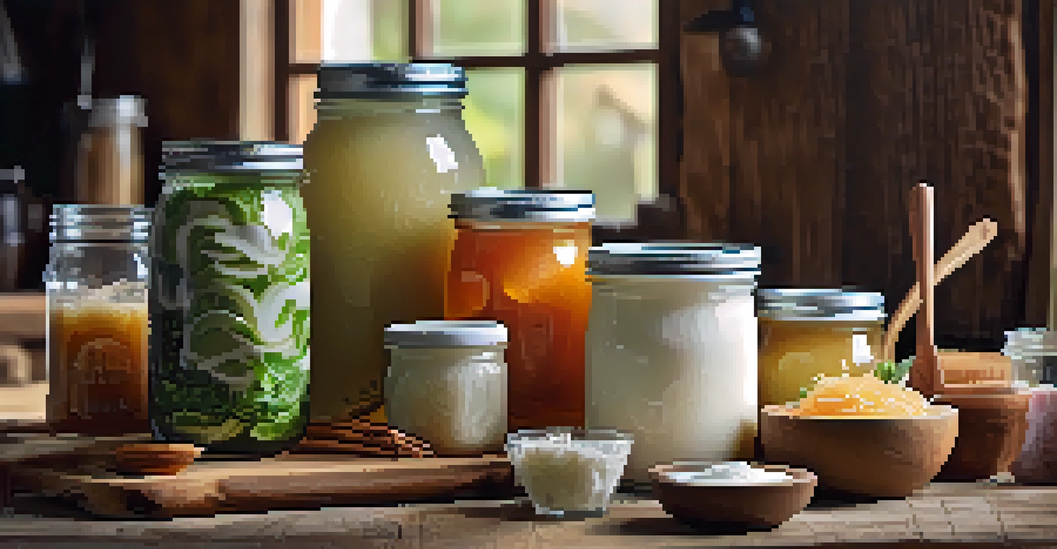 An artistic display of probiotic-rich foods like yogurt, sauerkraut, and kombucha on a wooden surface.