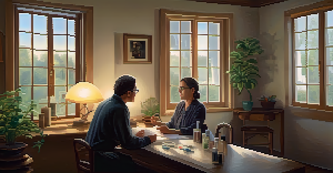 A homeopathy consultation in a cozy room with a female practitioner and a male patient discussing health concerns.