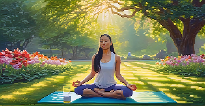 A woman practicing yoga in a peaceful park during sunrise, surrounded by green trees and colorful flowers.