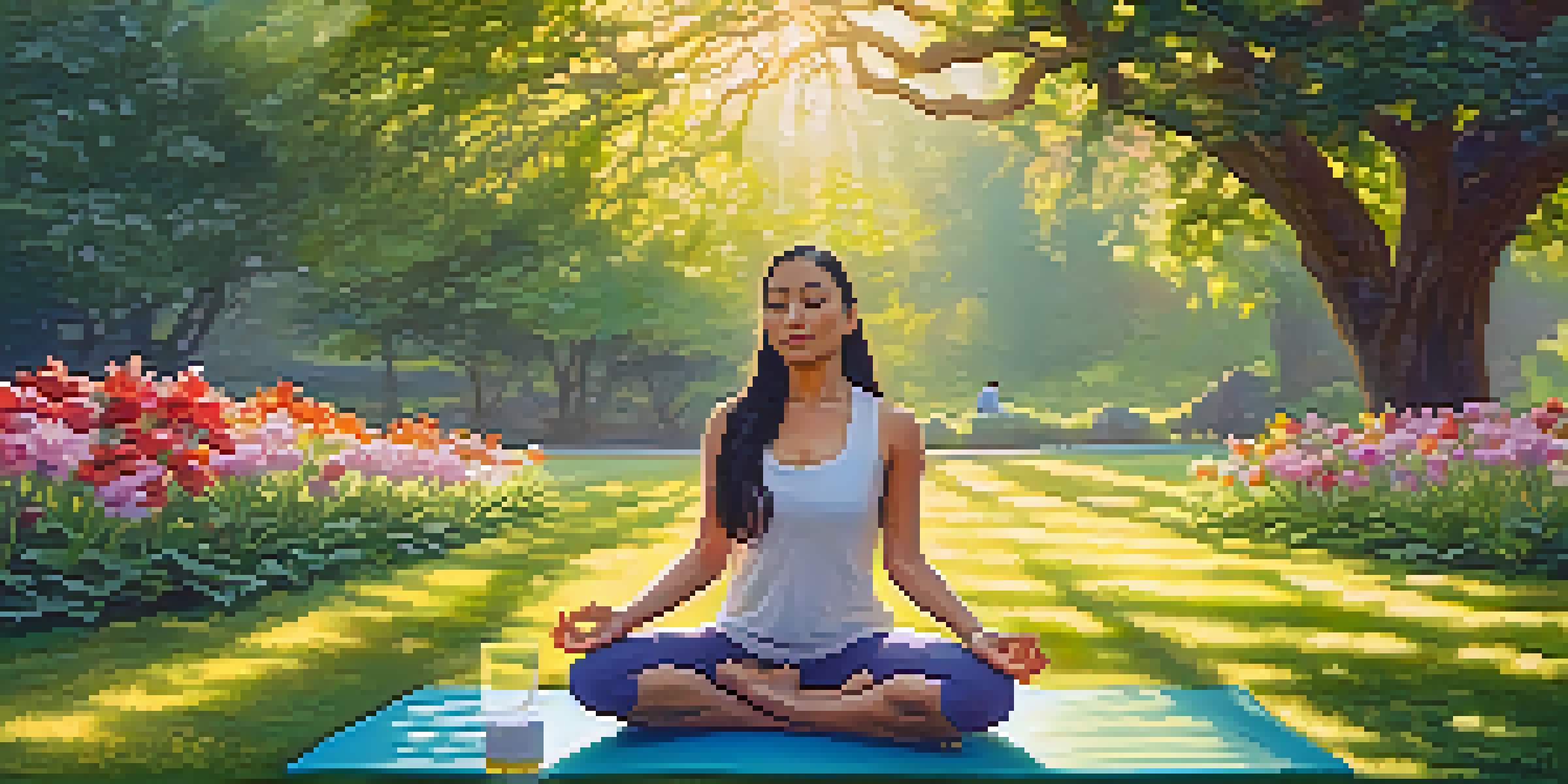 A woman practicing yoga in a peaceful park during sunrise, surrounded by green trees and colorful flowers.
