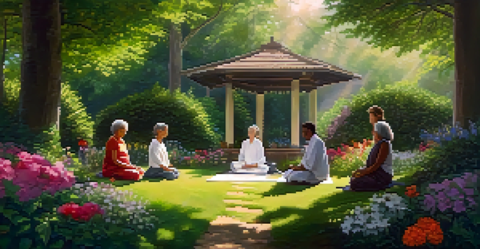 A naturopathic healer guiding a meditation session in a sunlit garden with diverse participants sitting in a circle among vibrant flowers.
