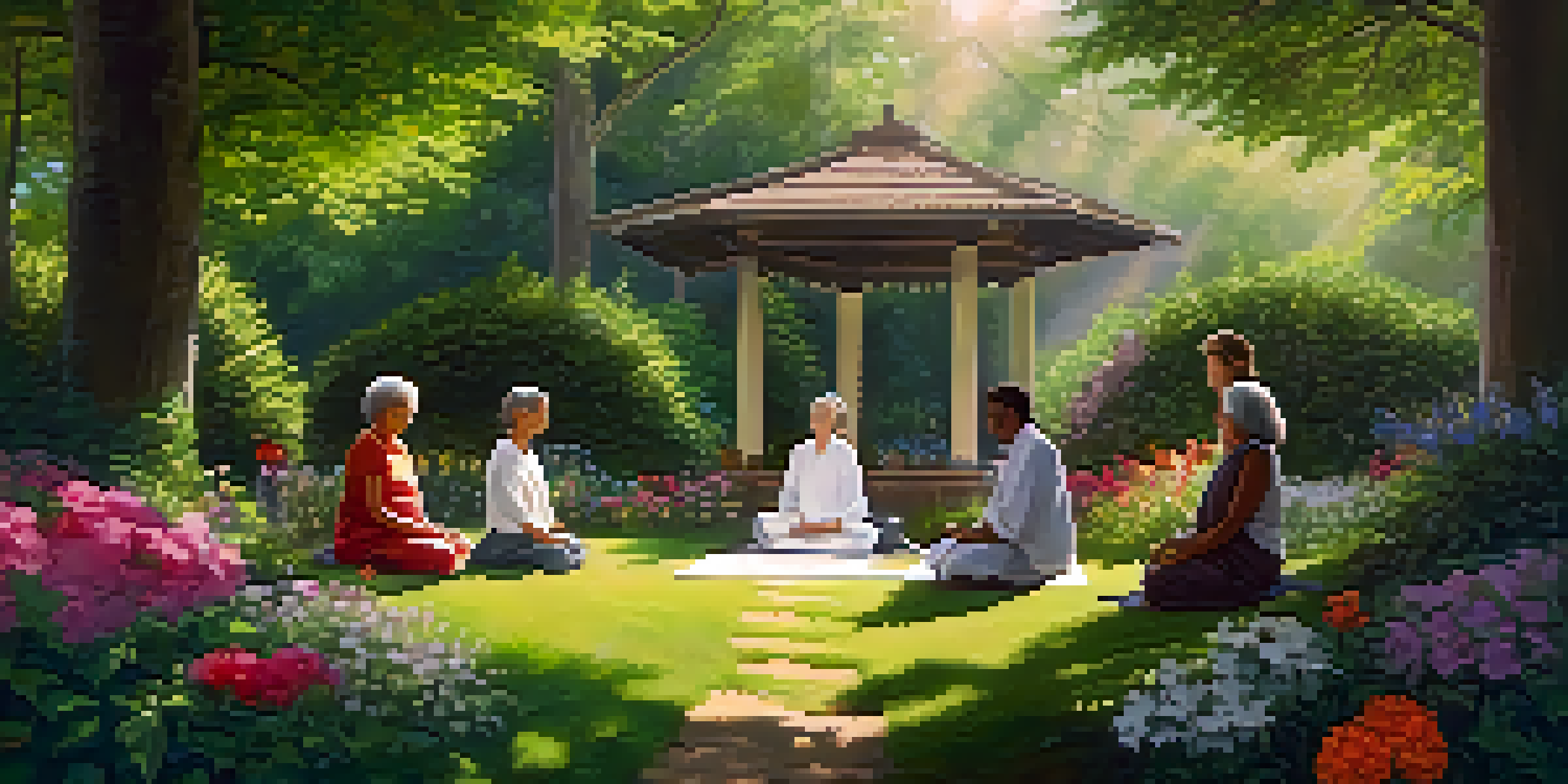 A naturopathic healer guiding a meditation session in a sunlit garden with diverse participants sitting in a circle among vibrant flowers.