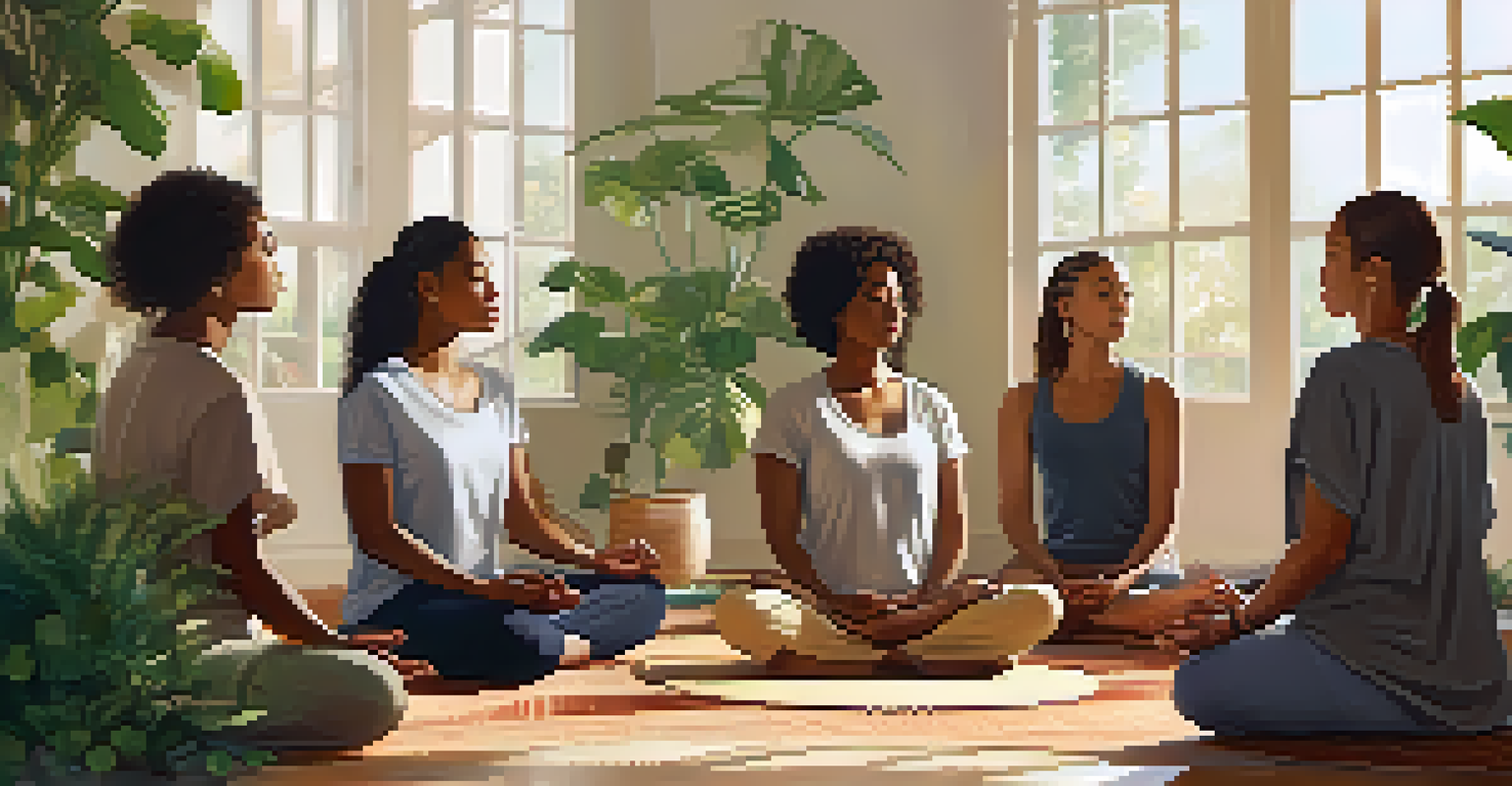 A diverse group of people meditating together in a sunlit room filled with plants.