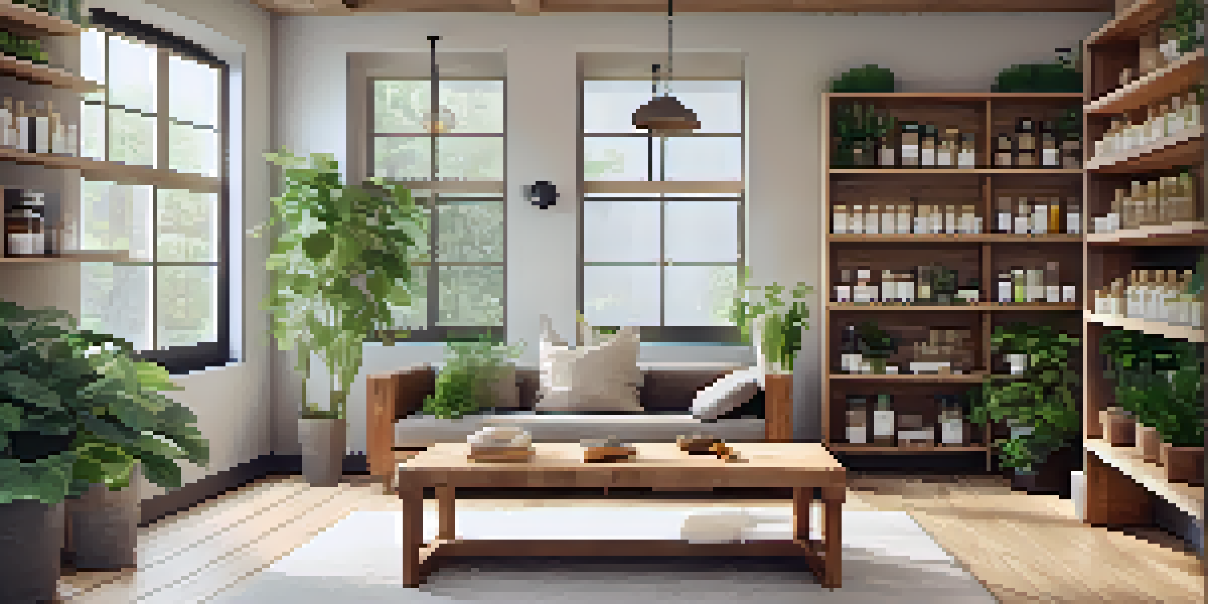 A cozy interior of a naturopathic clinic with natural lighting, wooden shelves filled with herbal remedies, and a comfortable seating area.