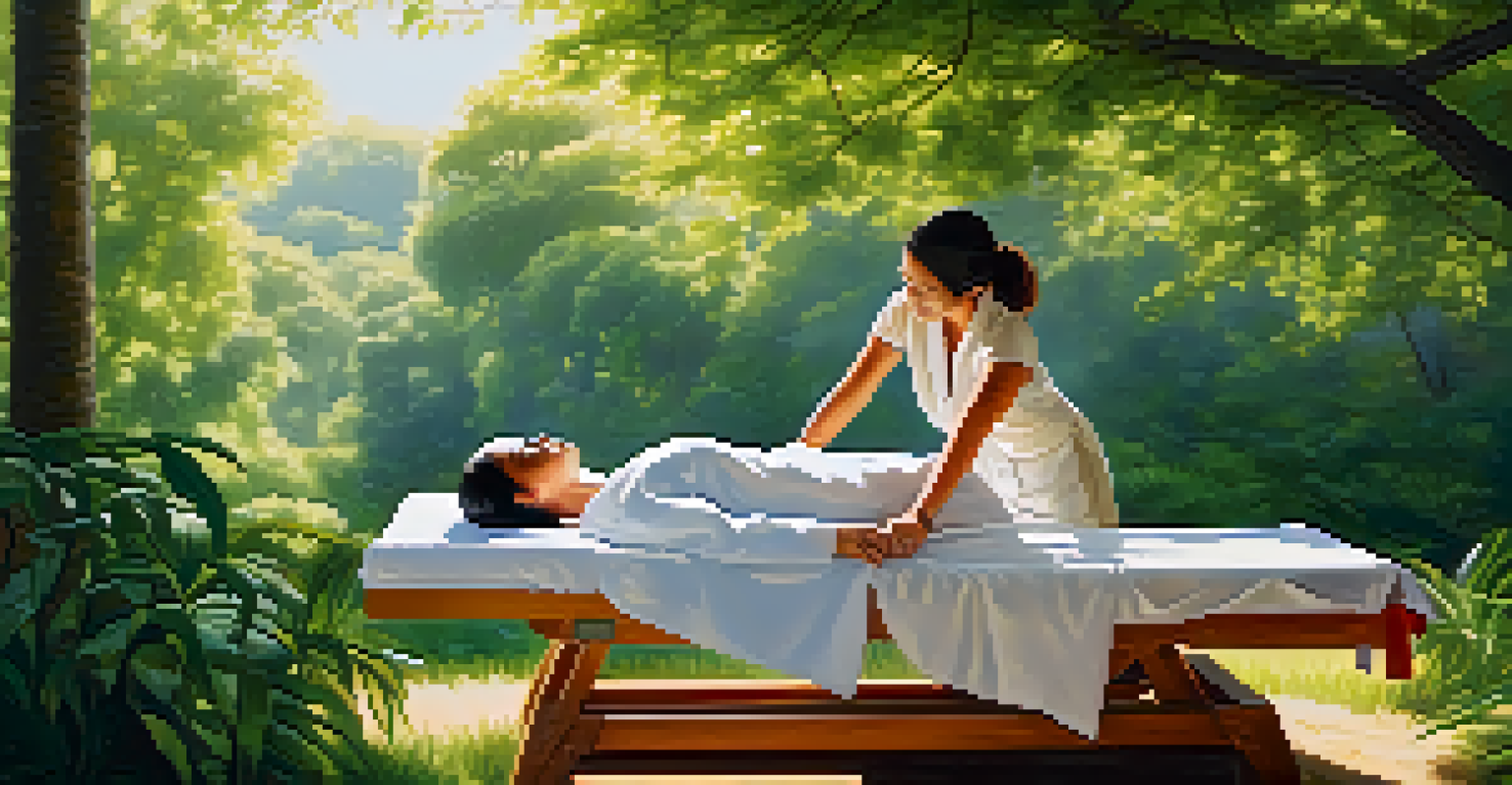 A serene outdoor acupuncture session with a practitioner and patient in a lush green setting, illuminated by soft sunlight filtering through the trees.