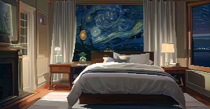 A cozy bedroom with a soft bed and warm lighting, set against a starry night sky outside the window.