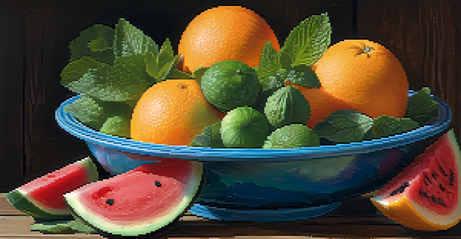 A colorful fruit bowl featuring watermelon, cucumbers, and oranges, arranged on a wooden table, with fresh mint leaves and bright natural lighting.