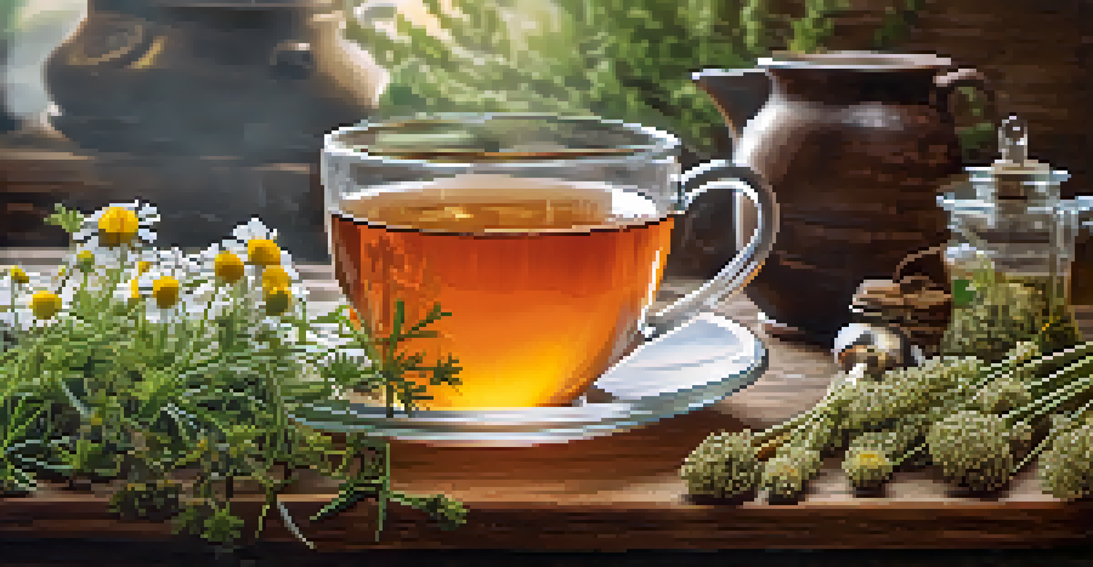 A cozy herbal tea setup with jars of herbs and a steaming cup of tea on a wooden table, illuminated by soft lighting.