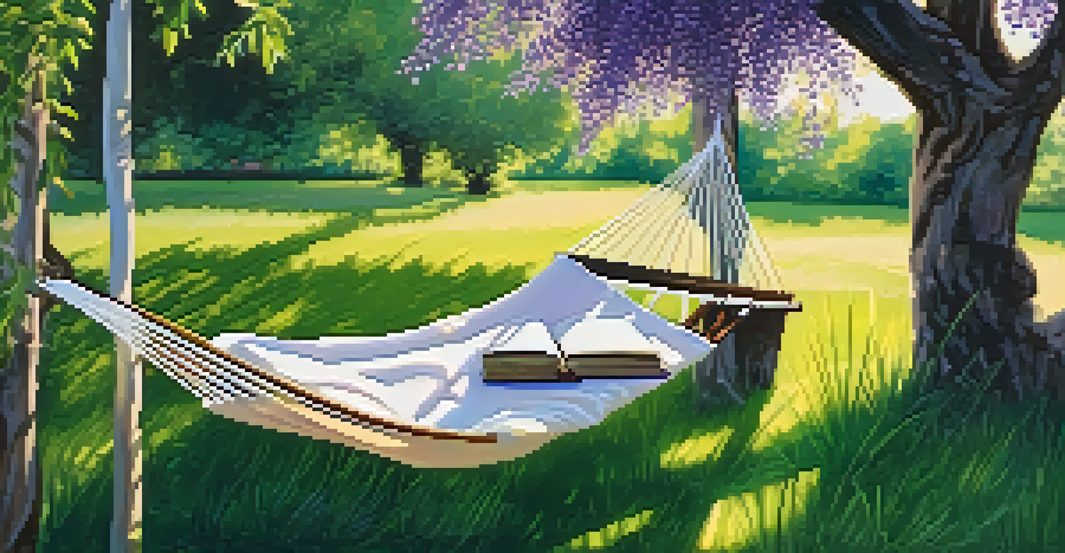 A peaceful outdoor setting with a hammock, a table with lavender lemonade, fresh lavender, and a book under the trees.