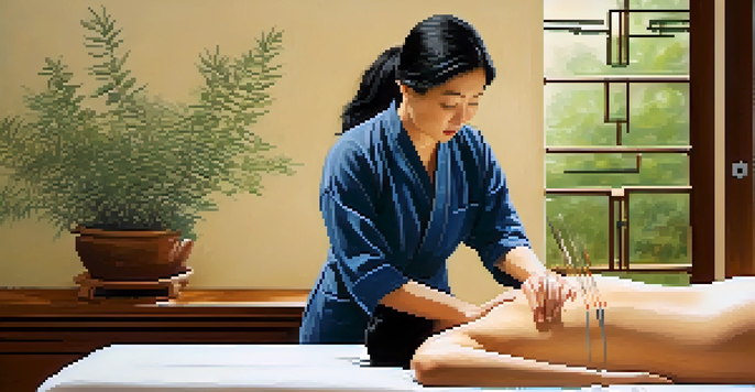 A patient receiving acupuncture in a peaceful clinic setting with warm lighting and plants.