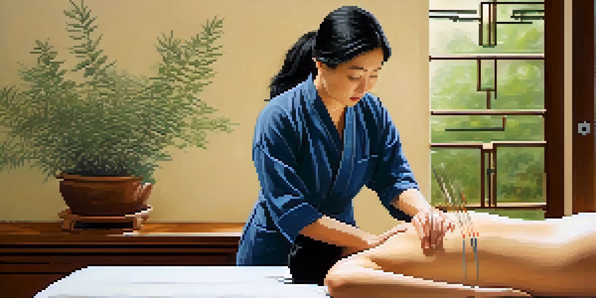 A patient receiving acupuncture in a peaceful clinic setting with warm lighting and plants.