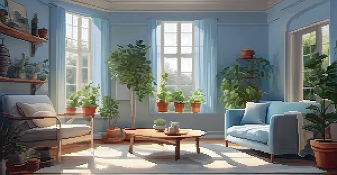 A cozy living room with soft lighting, a comfortable armchair, and a cup of herbal tea on a side table, surrounded by plants.