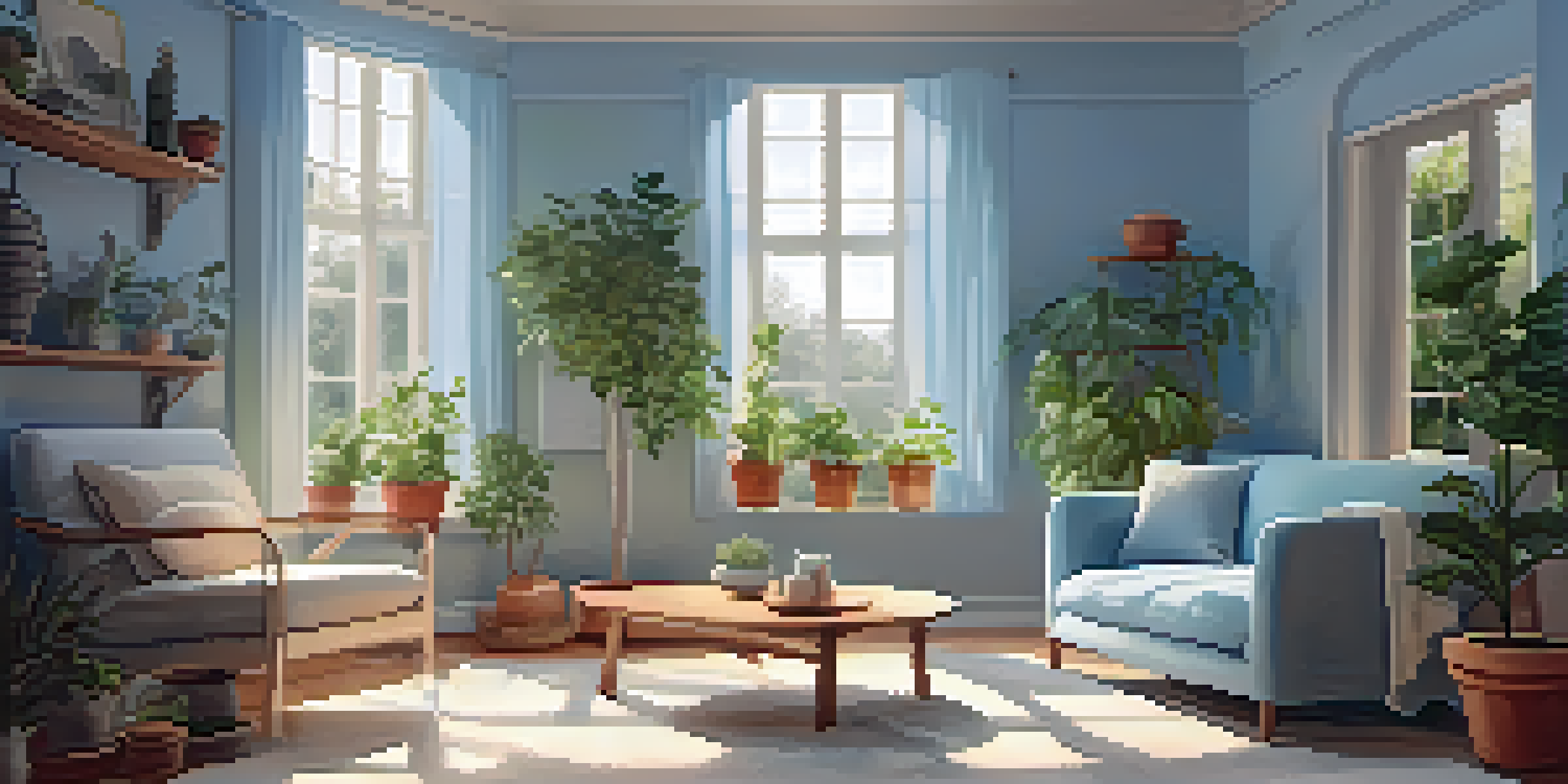 A cozy living room with soft lighting, a comfortable armchair, and a cup of herbal tea on a side table, surrounded by plants.
