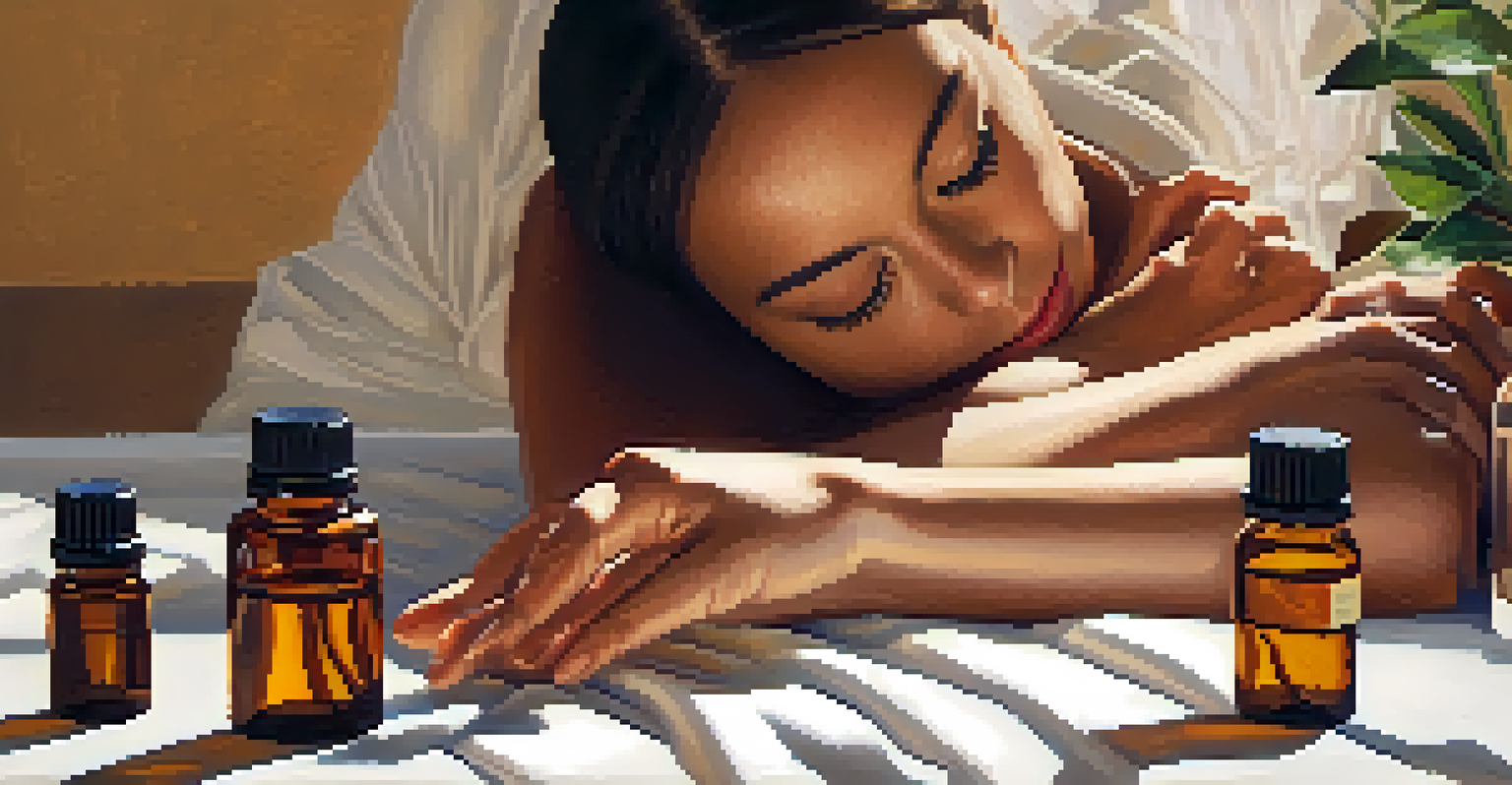 A person relaxing their eyes with essential oils nearby, surrounded by warm colors and gentle lighting.