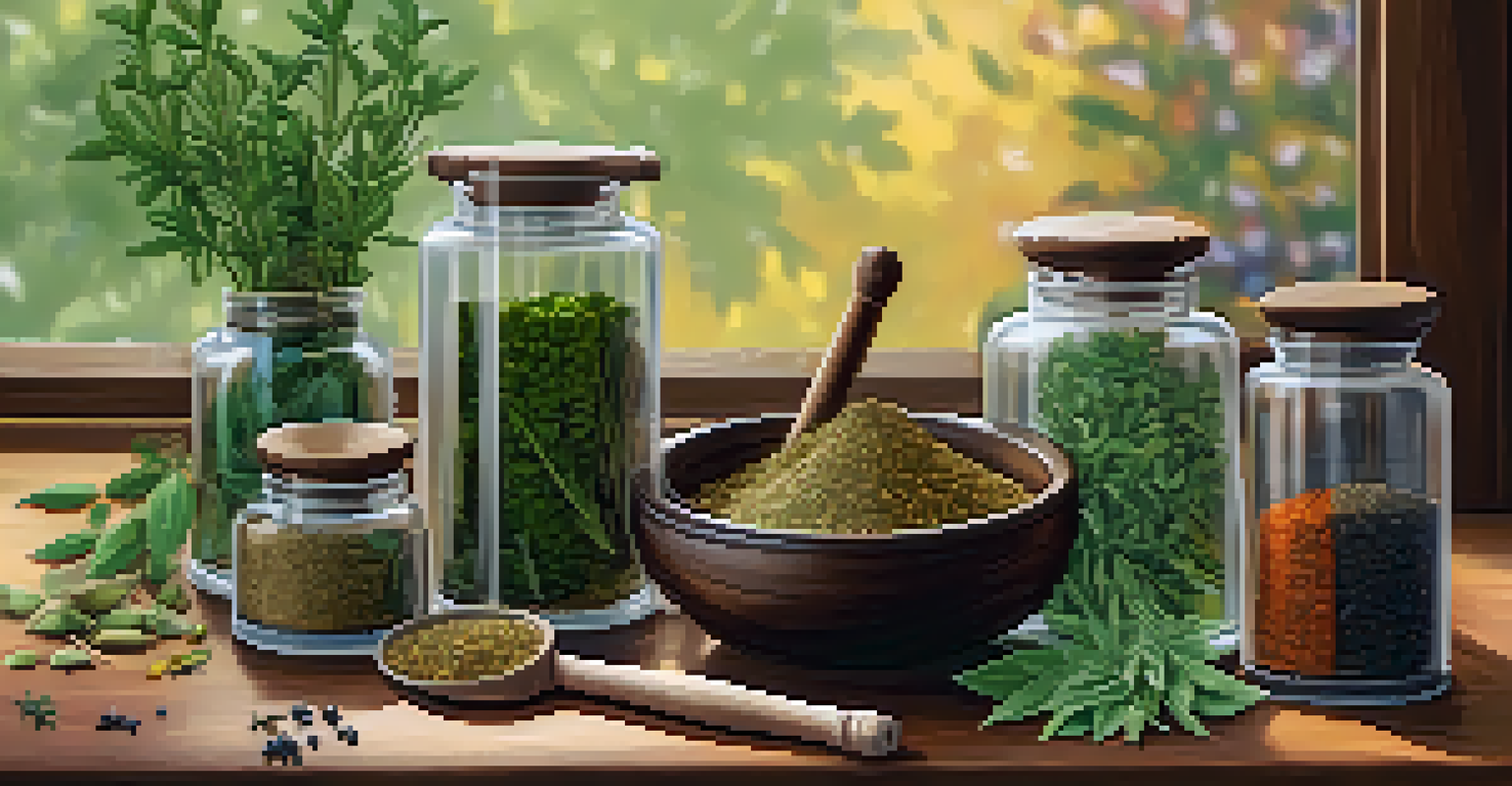 An arrangement of colorful herbs and spices in jars on a wooden table, with a mortar and pestle and a book in the background.