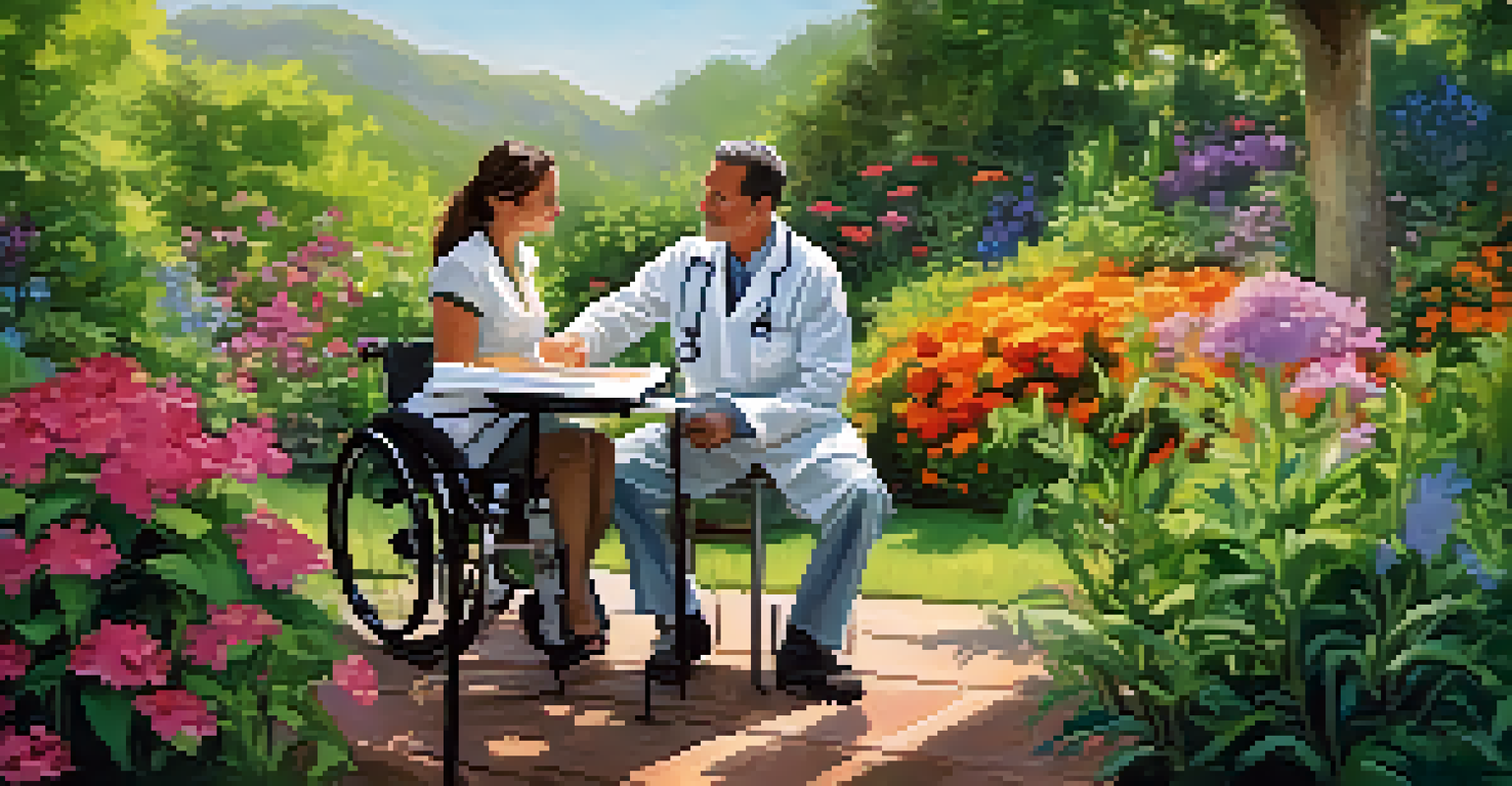 A naturopathic consultation taking place in a beautiful garden, featuring a practitioner and a patient among blooming flowers and greenery.